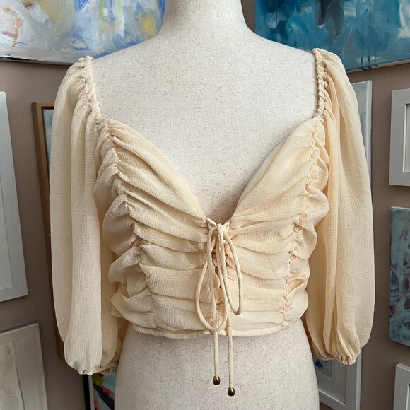 HYFVE Tops - Fairy Cream Ruched Puff Sleeve Crop Top HYFVE Romantic Cottagecore Coquette Sz L